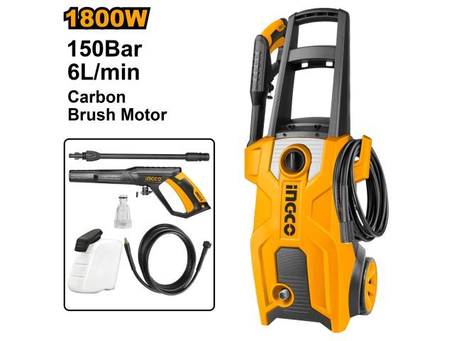 HIDROLAVADORA 150BAR 1800W MOTOR A CARBONES 6.0 L/MIN INGCO
