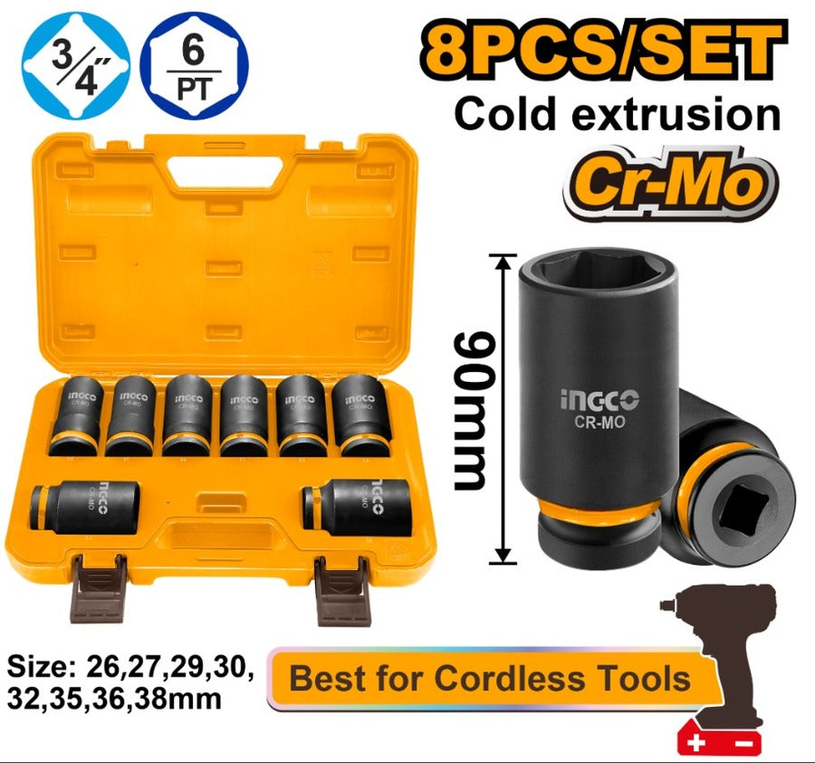 VALIJA 8PCS JUEGO DE DADOS DE IMPACTO PROFUNDO 3/4" INGCO