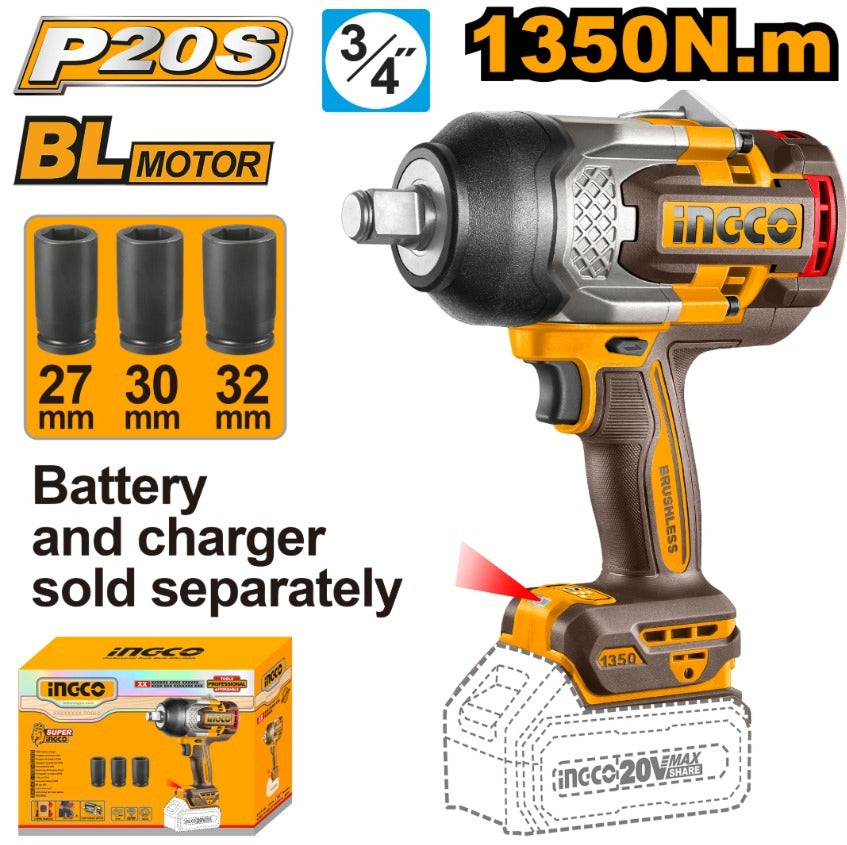 LLAVE DE IMPACTO A BATERIA 3/4 1350NM + 3 DADOS S/ BAT INGCO