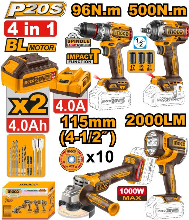 KIT A BATERIA 4PCS CON BATERIAS CARGADOR Y ACCESORIOS INGCO