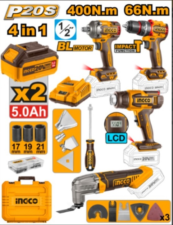 KIT LLAVE IMPACTO + TALADRO + PISTOLA DE CALOR INGCO