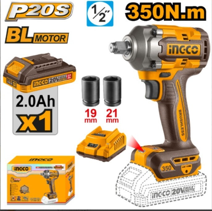 LLAVE DE IMPACTO A BATERIA 350 NM 20V P20S 1/2" 1 BAT INGCO