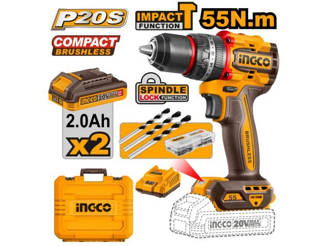 ATORNILLADOR PERCUTOR COMPACT 20V P20S 55NM CON 2X BAT INGCO
