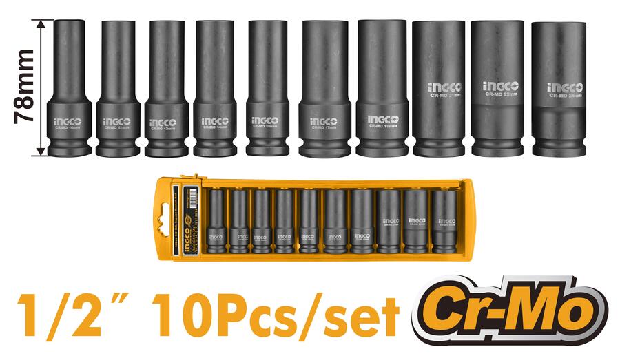 JUEGO 10 DADOS 1/2" IMPACTO PROFUNDOS INGCO HKISSD12102L