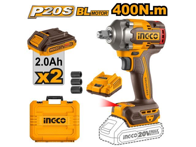 LLAVE DE IMPACTO 400NM 20V P20S CON 2 BAT CARG+VALIJA INGCO