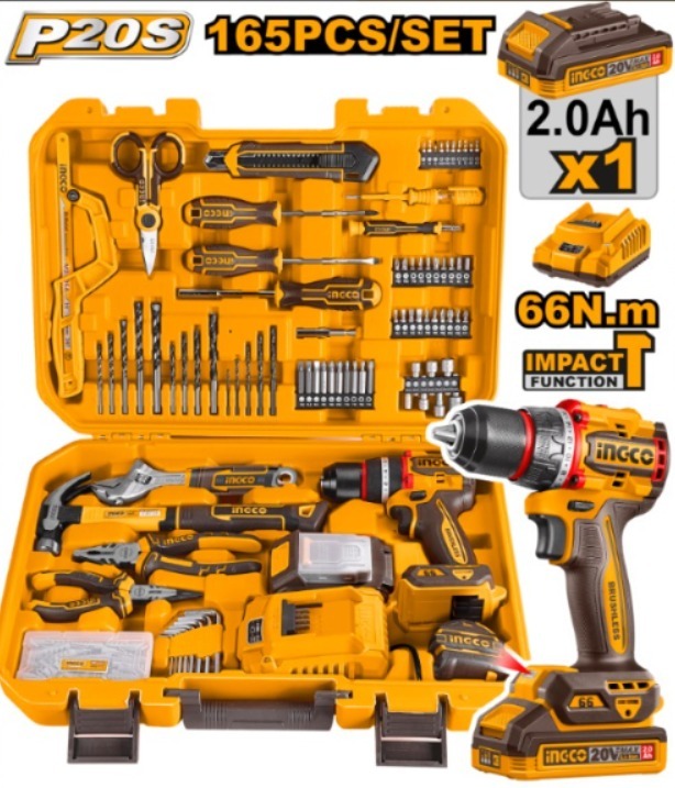 KIT ATORNILLADOR PERCUTOR C/BAT Y CA + 165 HERRAMIENTA INGCO