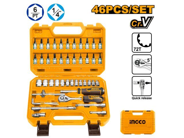 JUEGO DE DADOS Y PUNTAS 46PCS 1/4" INGCO