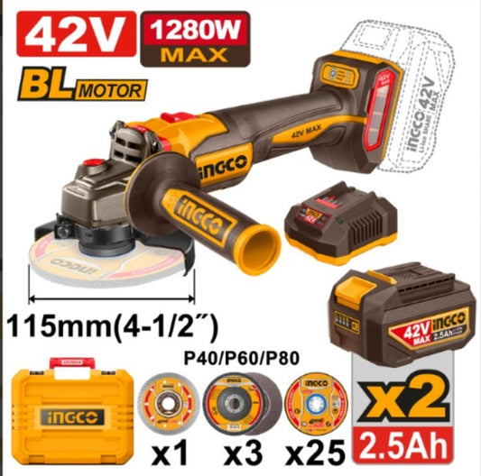 AMOLADORA ANGULAR A BATERIA  42V 115MM + 2 BAT Y CAR INGCO