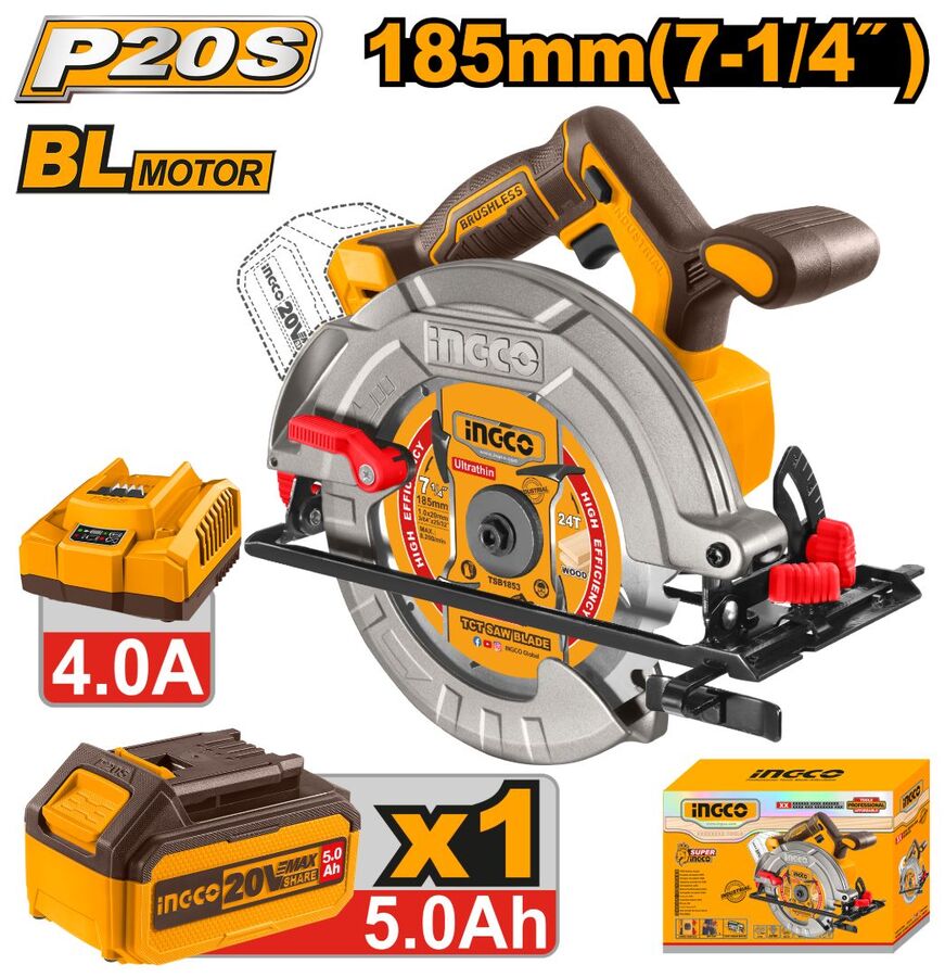 SIERRA CIRCULAR A BATERIA 20V P20S INGCO + 1 BAT 5 A 185MM