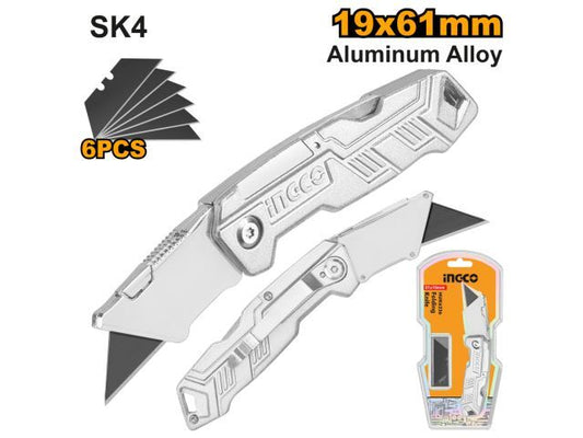 TRINCHETA CUCHILLO PLEGABLE ALUMINIO 19MM C/5 HOJAS INGCO -