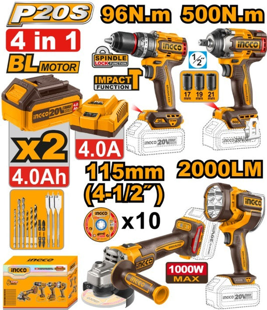 KIT A BATERIA 4PCS CON BATERIAS CARGADOR Y ACCESORIOS INGCO