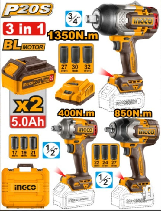 KIT COMBO A BATERIA 3 LLAVES DE IMPACTO INGCO COSLI250386