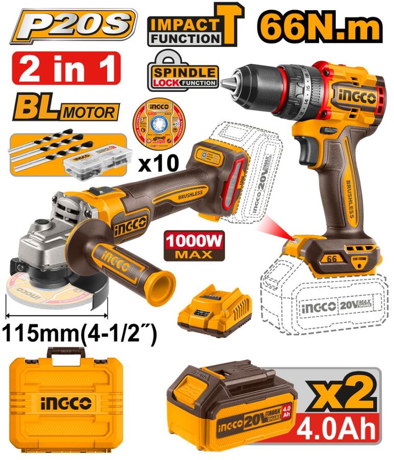 COMBO TALADRO 20V C PERCUTOR + AMOLADORA 20V 2 BAT INGCO