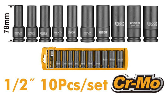 JUEGO 10 DADOS 1/2" IMPACTO PROFUNDOS INGCO HKISSD12102L