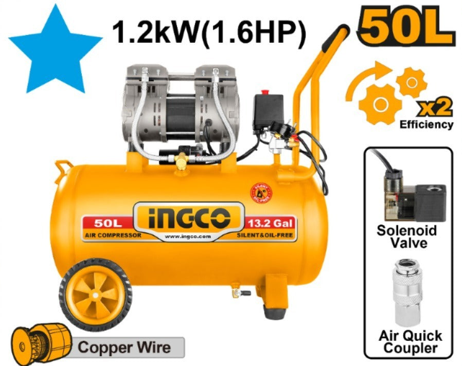 COMPRESOR 50LT 1.6HP SIN ACEITE BAJO RUIDO INGCO ACS112501