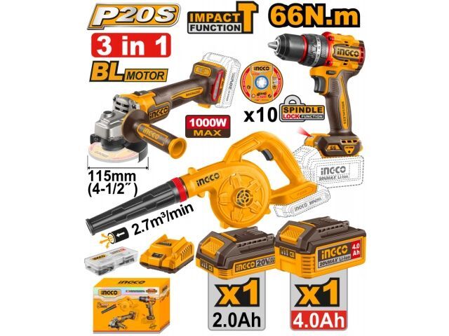 KIT COMBO A BATERIA P20S 20V AMOLADORA ANGULAR 4½" 115MM + T