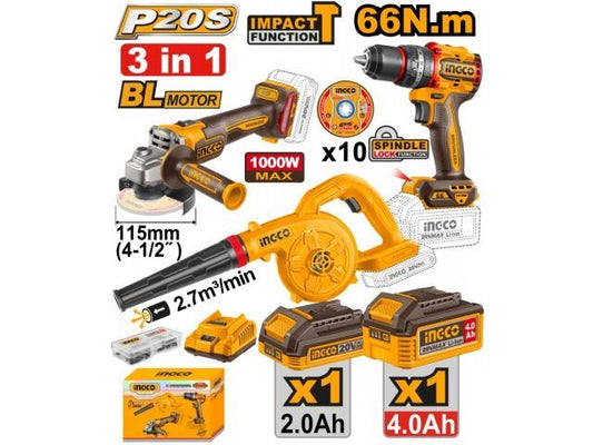 KIT COMBO A BATERIA P20S 20V AMOLADORA ANGULAR 4½" 115MM + T