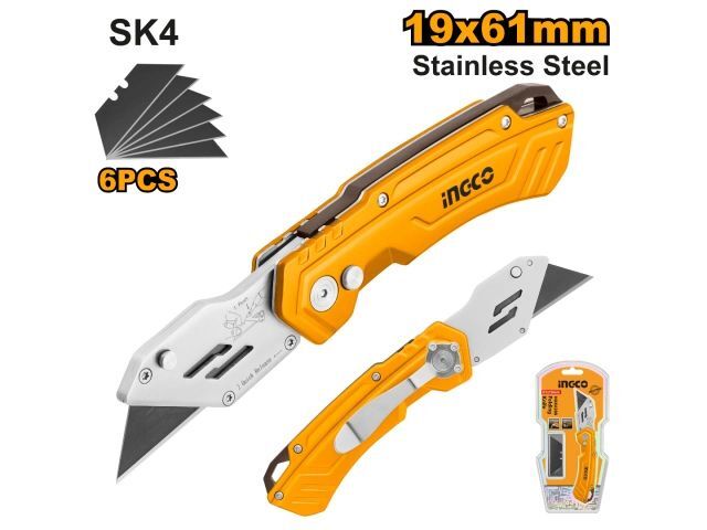 TRINCHETA CUCHILLO PLEGABLE 19X61MM C 6 REPUESTOS SK4 INGCO