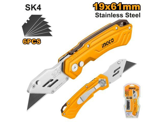 TRINCHETA CUCHILLO PLEGABLE 19X61MM C 6 REPUESTOS SK4 INGCO