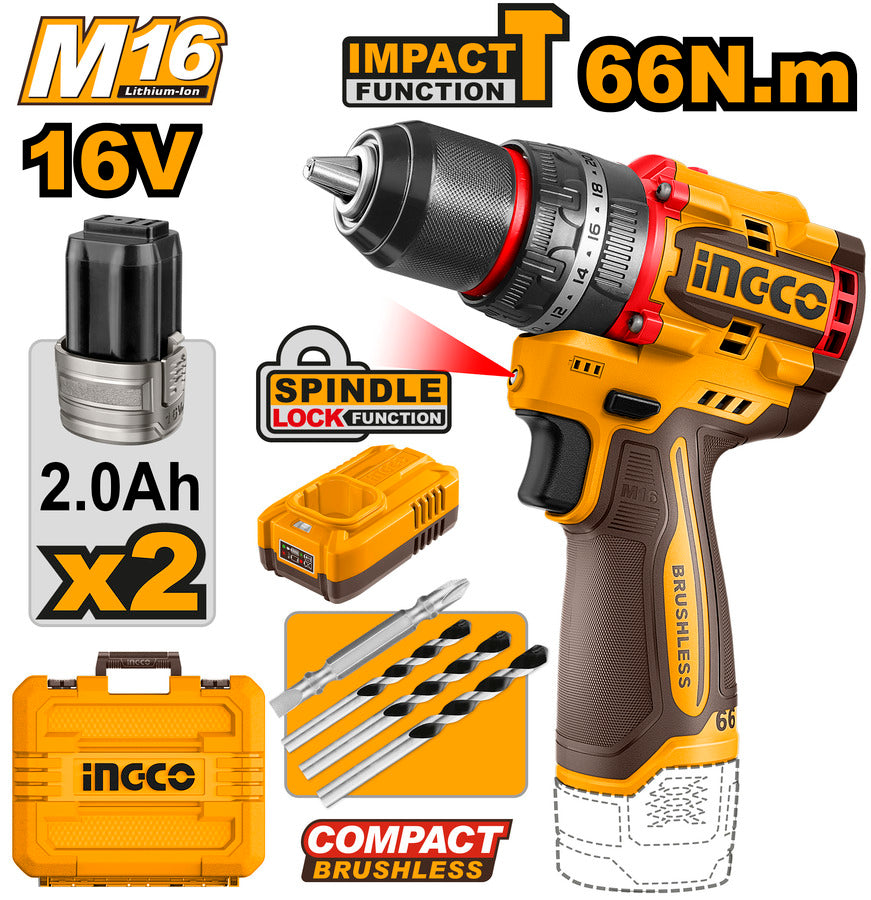 TALADRO ATORNILLADOR C/PERCUTOR 16V M16 66NM CON 2 BAT