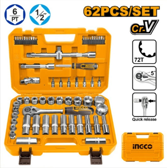 JUEGO DE DADOS Y PUNTAS 62PCS 1/2" INGCO (VENTA)