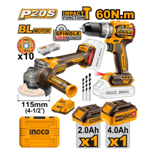 COMBO TALADRO 20V C PERCUTOR + AMOLADORA 20V 2 BAT INGCO